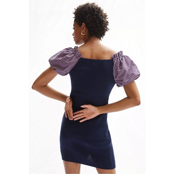 Maeve • Anthro Puff-Sleeve Mini Dress ribbed sweater gingham sleeves button - Picture 14 of 14